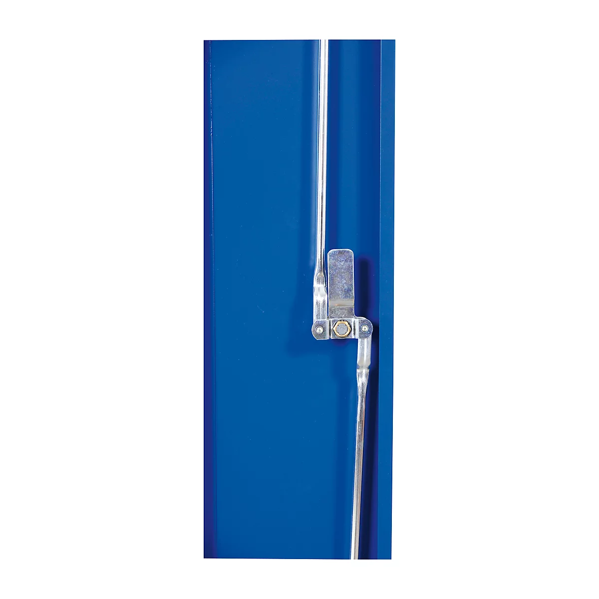 Close-up of a blue object attached to a door. A silver latch with a handle and a mechanical locking mechanism.