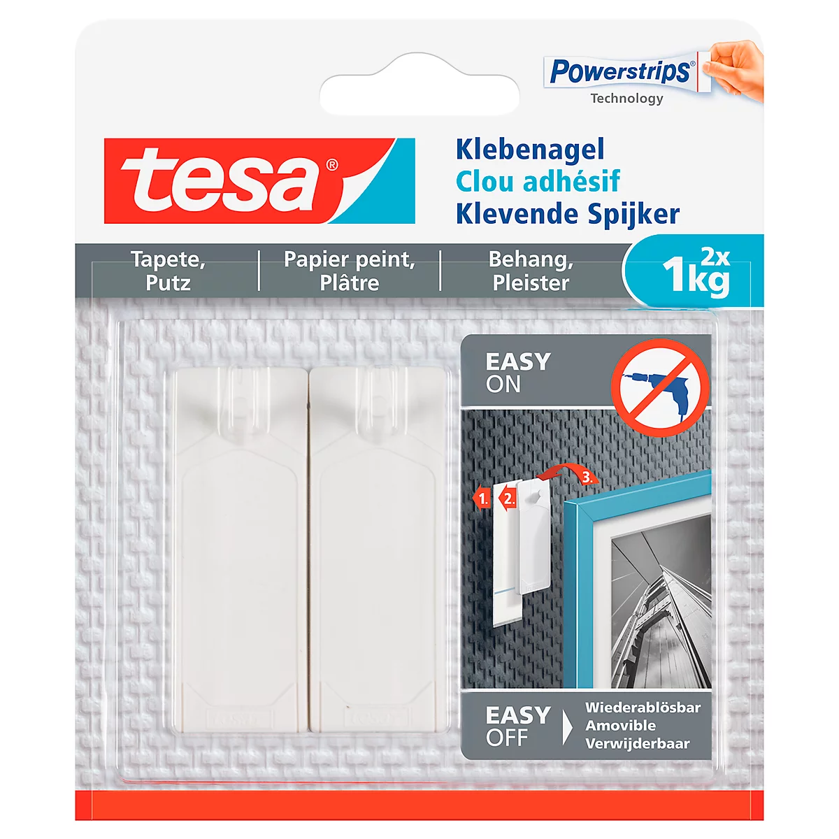 clou adhésif tesa®, pour papier peint et plâtre, force adhésive jusqu'à 1 kg, amovible, 2 pièces