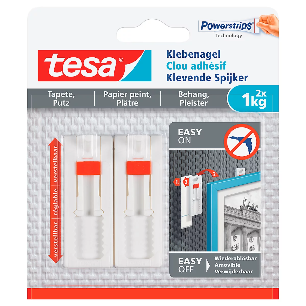 Clou adhésif tesa®, pour papier peint et plâtre, force adhésive jusqu'à 1 kg, réglable en hauteur, amovible, 2 pièces