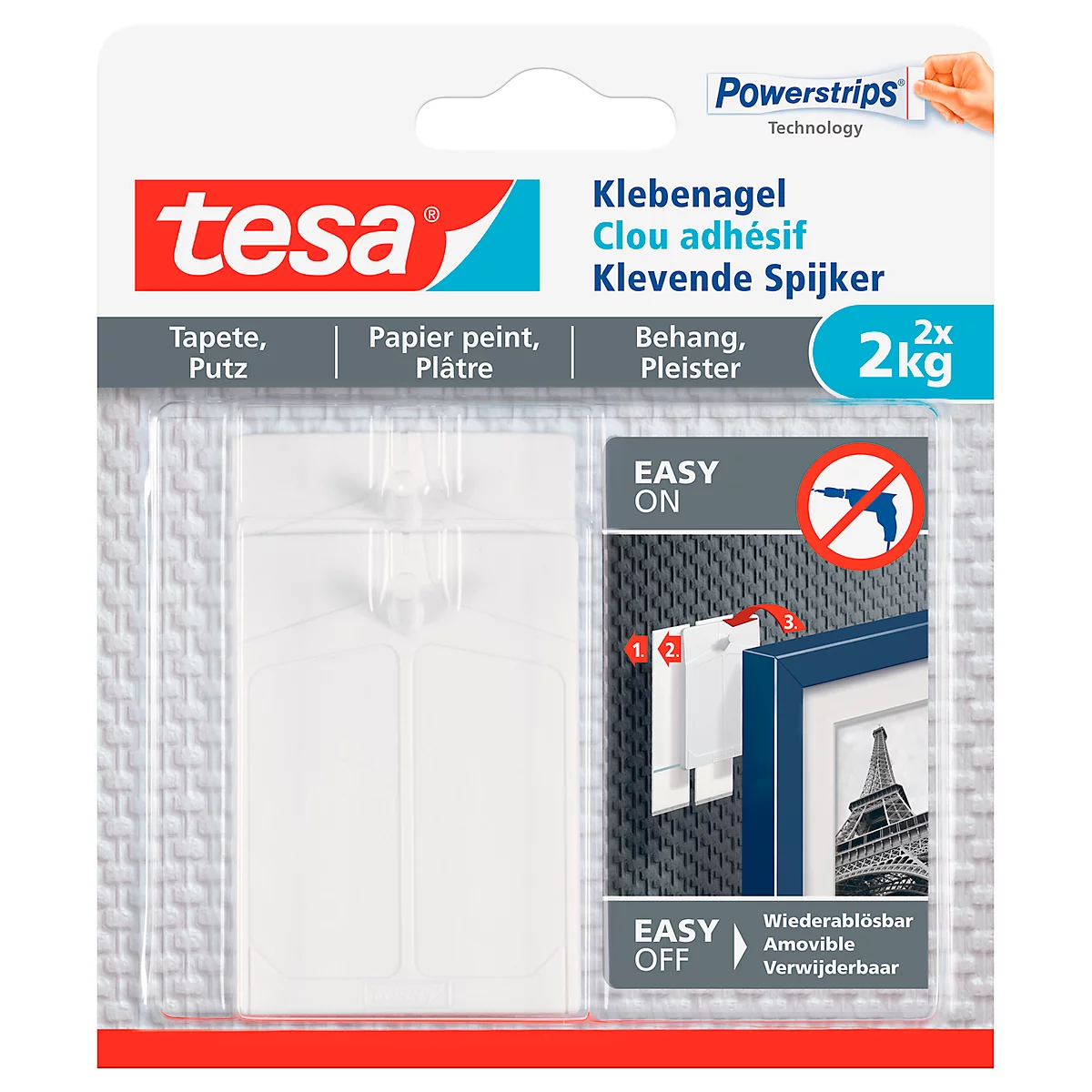 clou adhésif tesa®, pour papier peint et plâtre, force adhésive jusqu'à 2 kg, amovible, 2 pièces