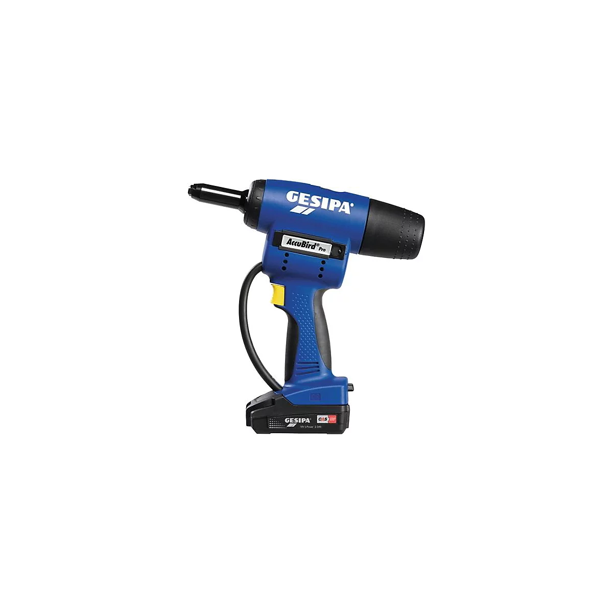 Outil sans fil bleu 'Gesipa AccuBird Pro', accents noirs, bouton jaune. Inscription 'Gesipa'.