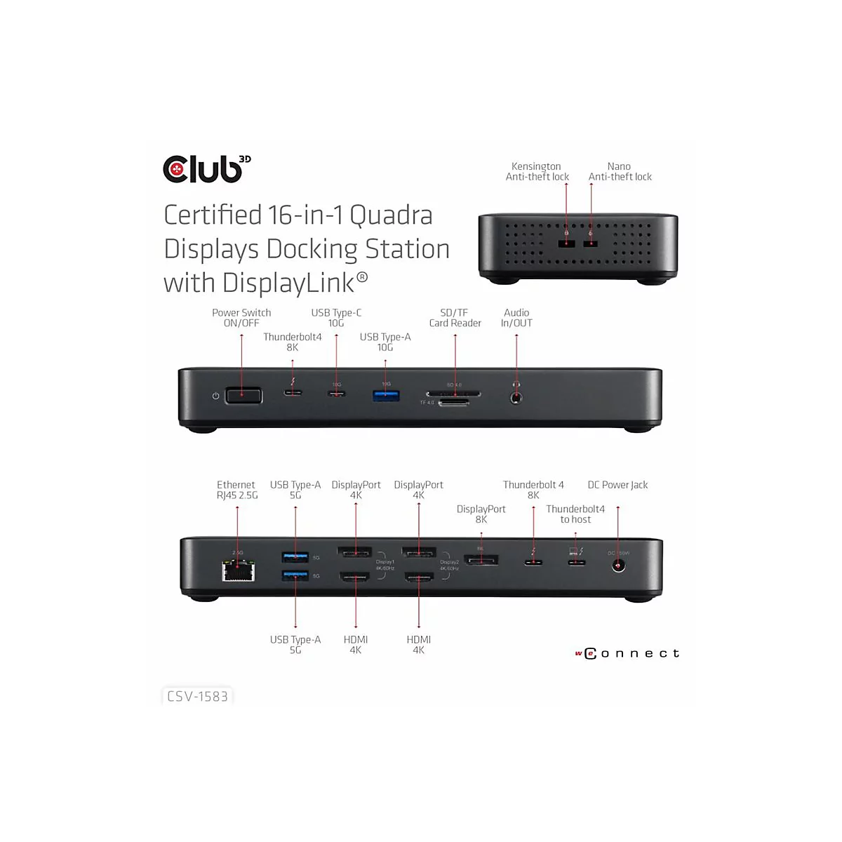 Club 3D 16-in-1 - Dockingstation - für Desktop, Laptop - USB-C / USB4 / Thunderbolt 3 / Thunderbolt 4 - USB-C - 2 x Thunderbolt 4, 3 x DP, 2 x HDMI