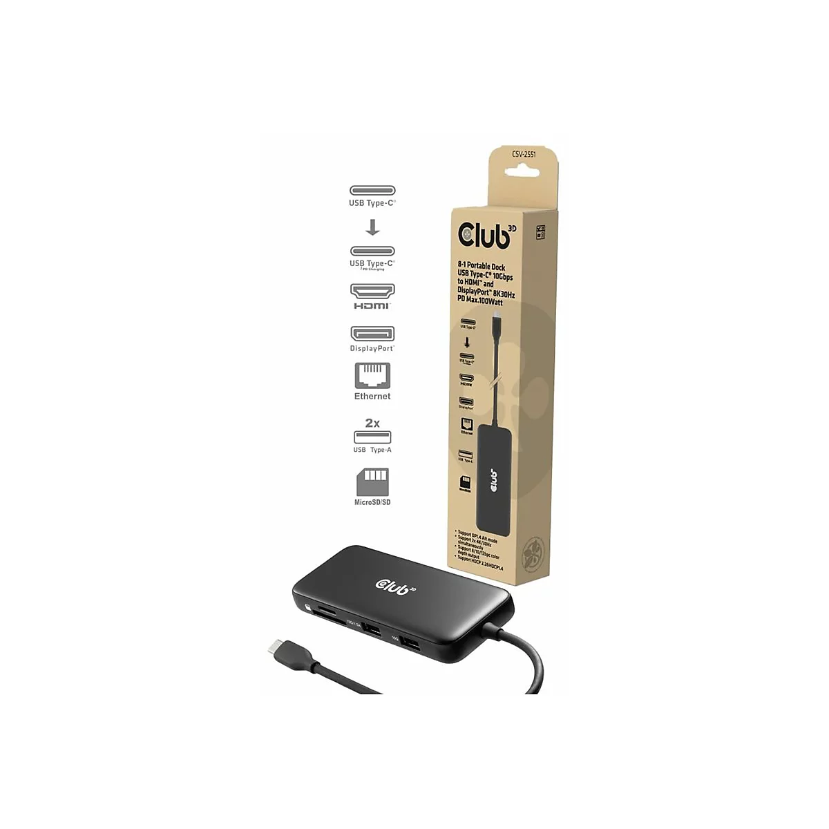 Club 3D 8-in-1 - Dockingstation - für Desktop, Laptop - USB-C - HDMI, DP - 1GbE