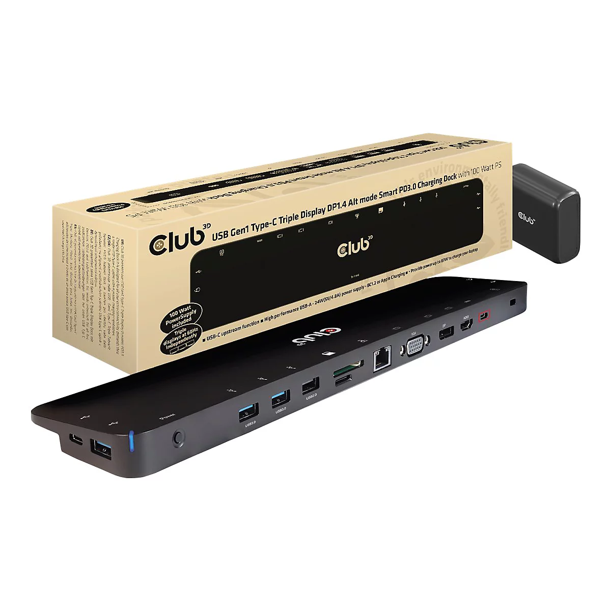 Club 3D CSV-1565 - Dockingstation - USB-C - VGA, HDMI, DP - 1GbE - 100 Watt