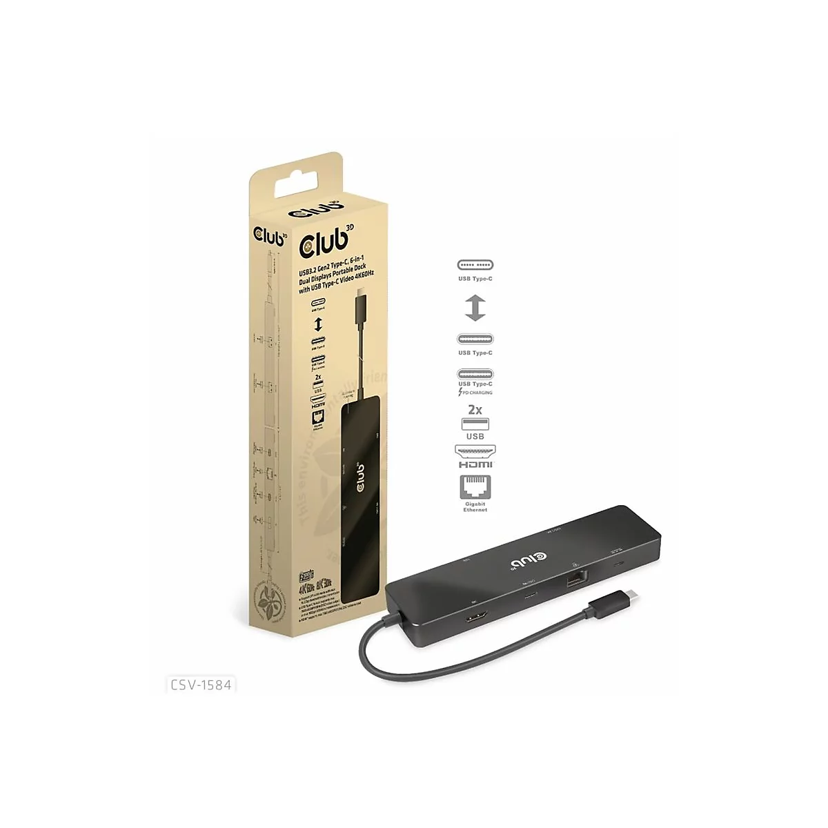 Draufsicht auf eine schwarze USB-C Dockingstation mit zugehöriger Produktverpackung.