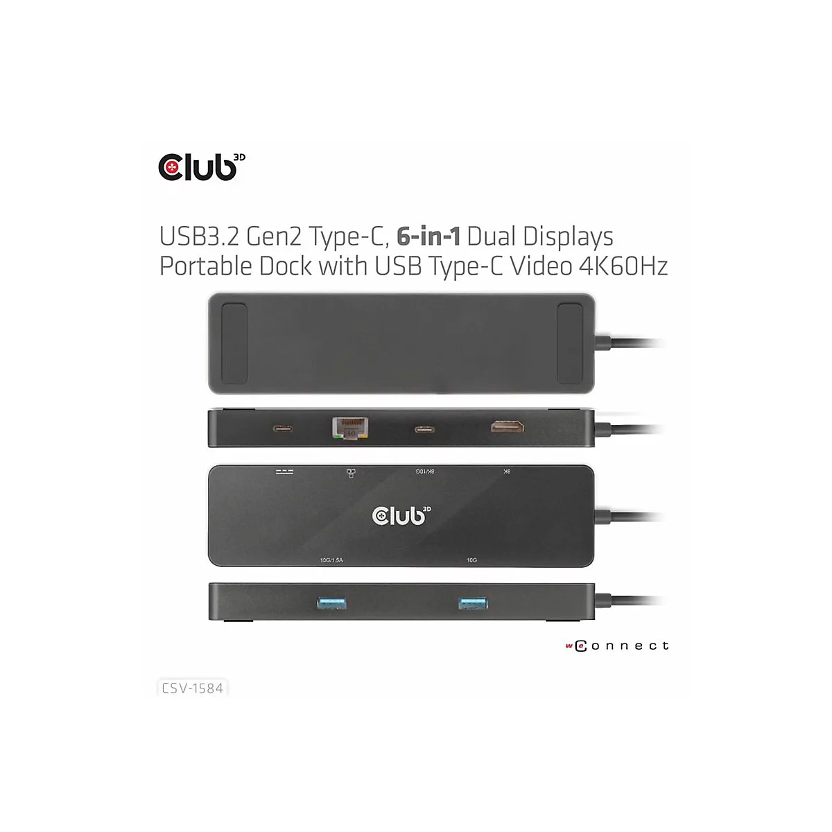 Draufsicht auf ein schwarzes USB-C-Dock mit Anschlüssen. Text: "6-in-1 Dual Displays".