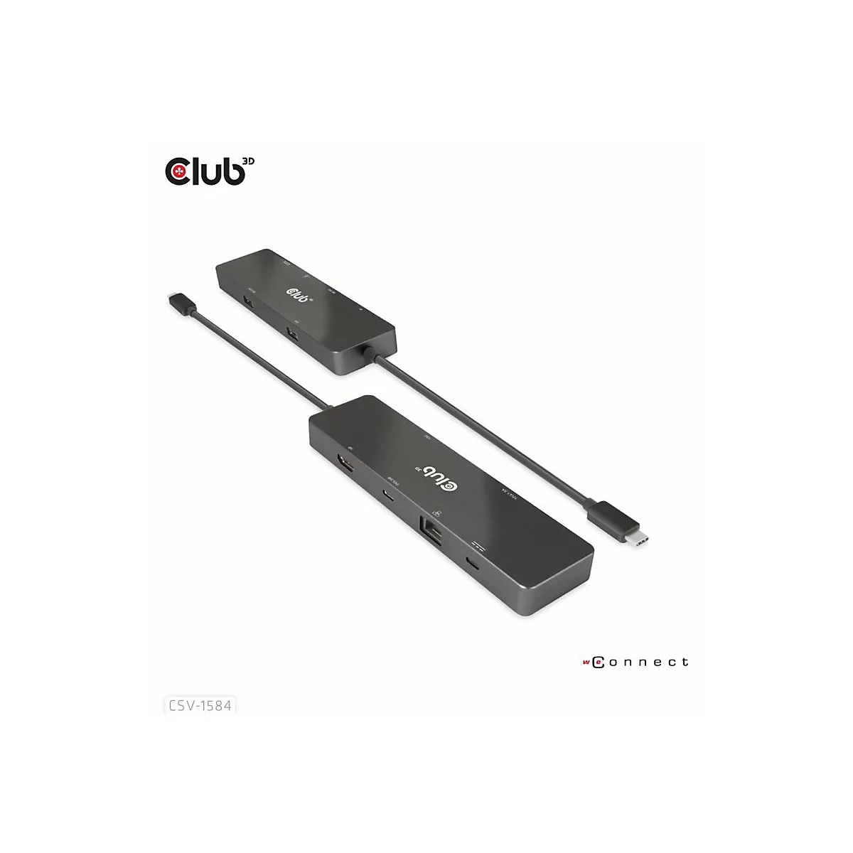 Zwei schwarze Club3D Adapter, verbunden durch Kabel. Aufschrift: „Club3D“ und „-Connect“. Auf weißem Grund.