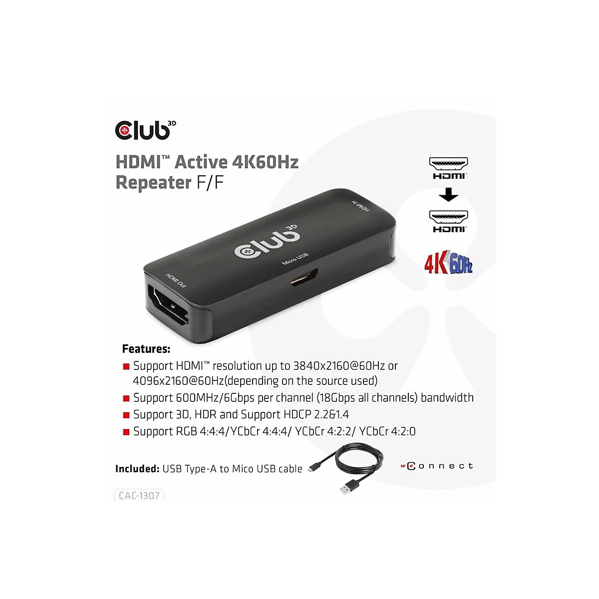 Club 3D - Repeater - HDMI - 19 pin HDMI Type A (female) / 19 pin HDMI Type A (female) - bis zu 5 m