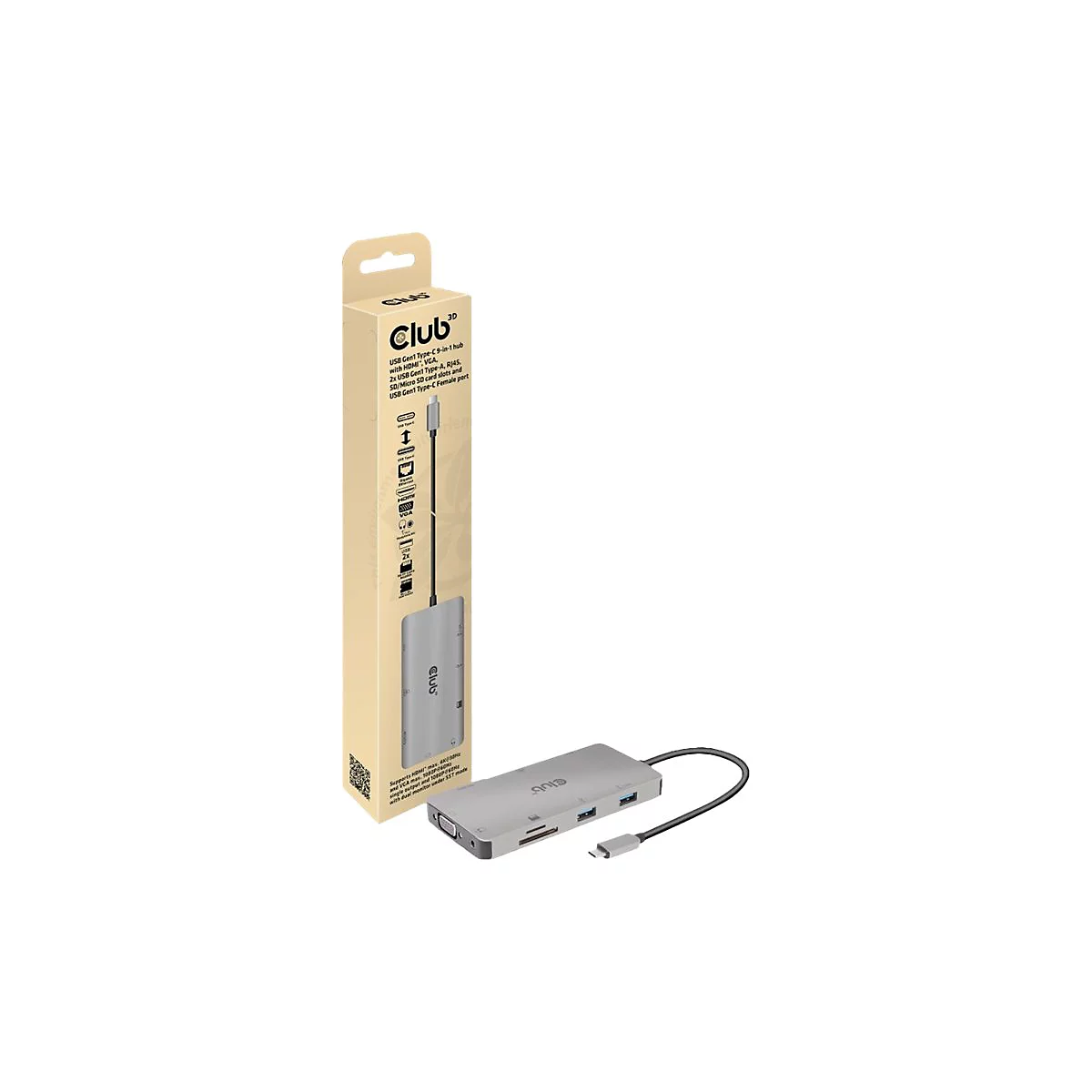 Club 3D USB Gen1 Type-C 9-in-1 hub - Dockingstation - USB-C - VGA, HDMI - 1GbE