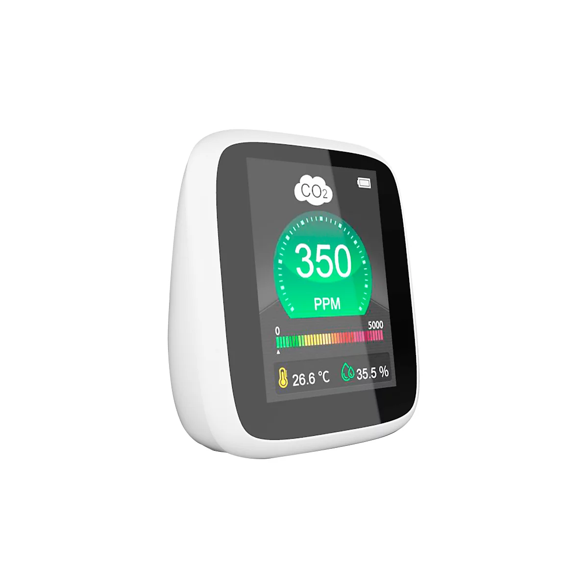 CO2 Messgerät REDFLEXX REDGUARD RG-1300, für den Innenbereich, Infrarotsensor, 350-5000 ppm, LC-Display mit Alarmsignal, IP30, Akkubetrieb, USB, weiß