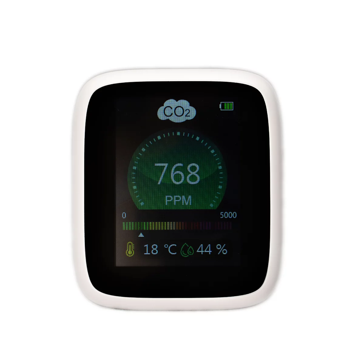 CO2 Messgerät REDFLEXX REDGUARD RG-1300, für den Innenbereich, Infrarotsensor, 350-5000 ppm, LC-Display mit Alarmsignal, IP30, Akkubetrieb, USB, weiß
