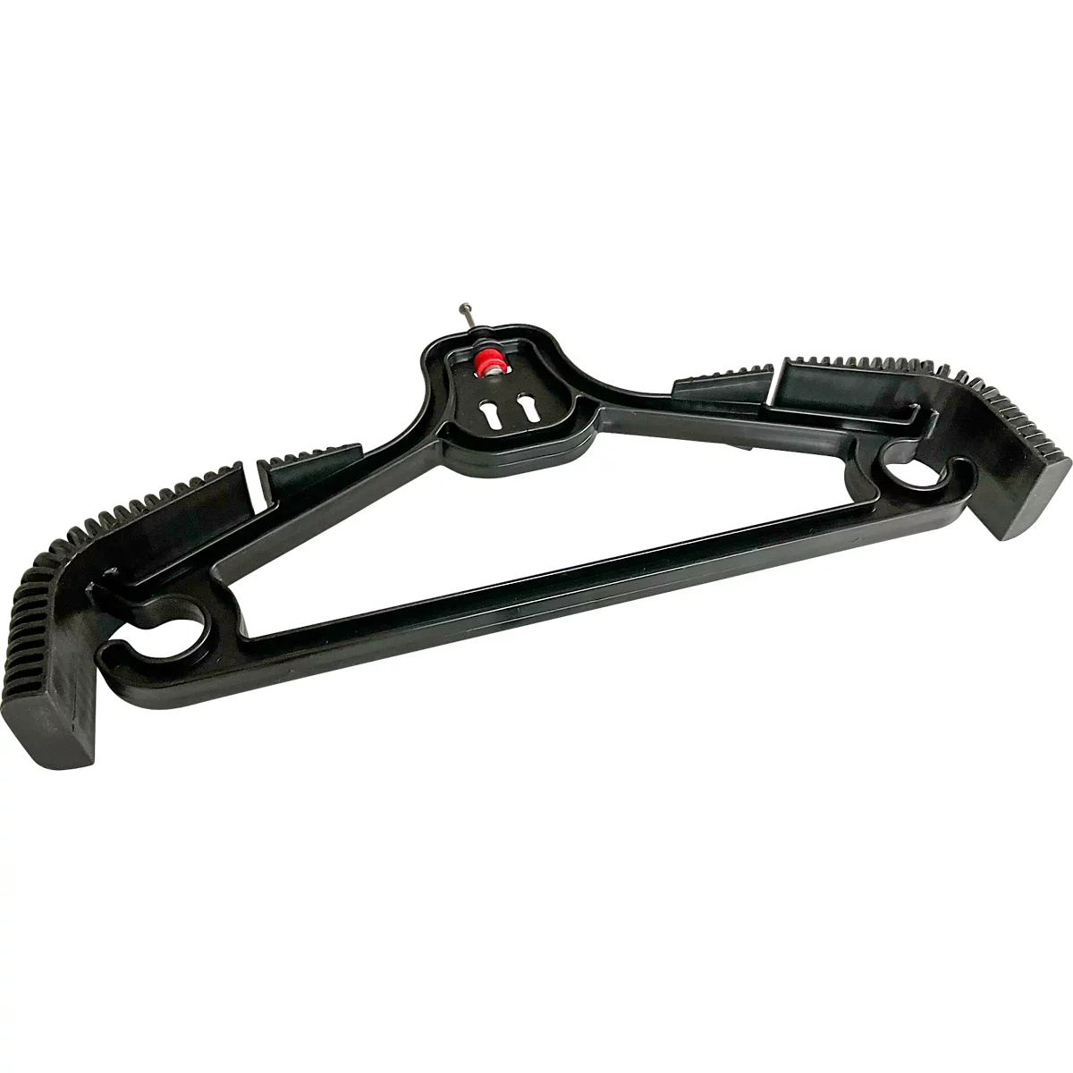 Black clothes hanger, with toothed shoulders, red detail at the top.