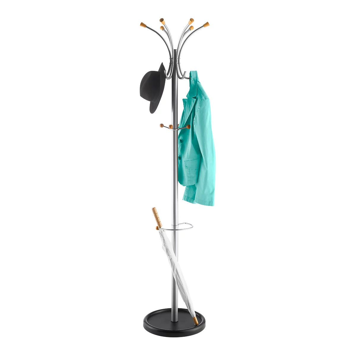 Coat stand with hat, jacket and umbrella. Gray column with hooks, black base. Golden ends above the hooks.