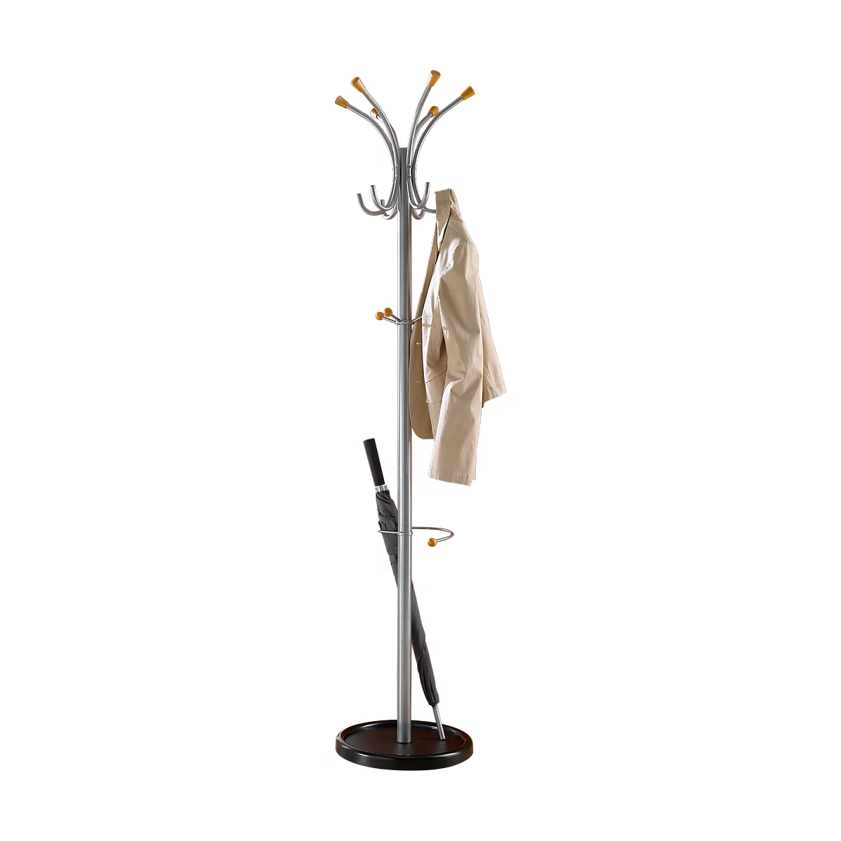 A silver coat rack with yellow tips, on which hangs a light brown coat and an umbrella.