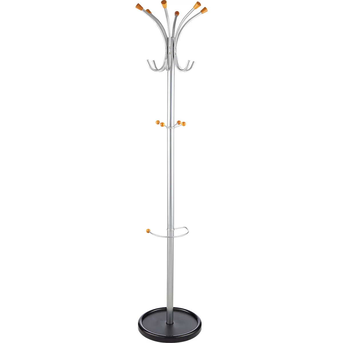 A silver coat stand with hooks and wood-look trim on a black base.