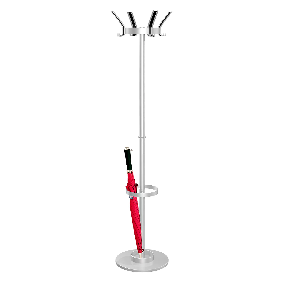 Grey silver coat stand with red umbrella in a white background.