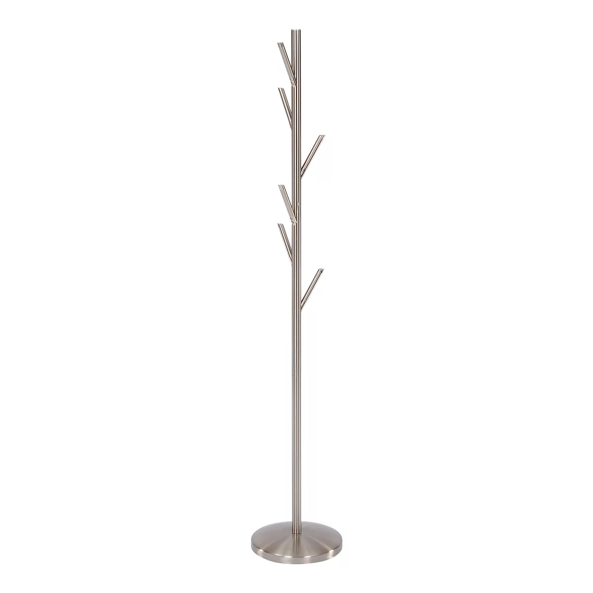 Silver coat stand with round base and protruding hooks.