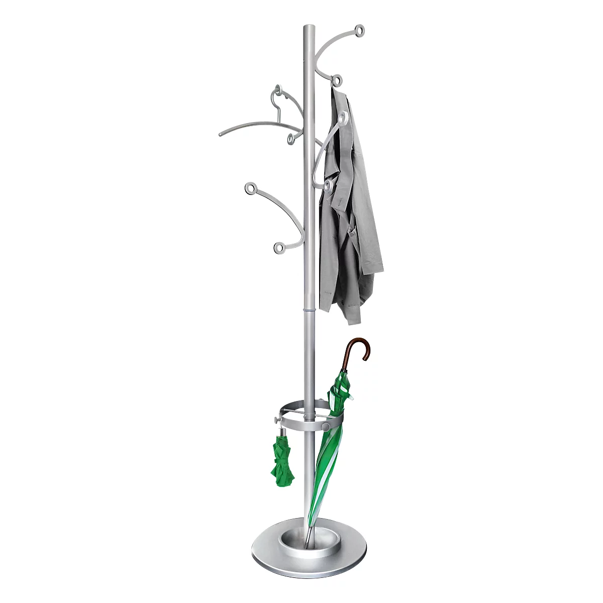 Stylish metal coat rack. A jacket and umbrella hang on the hooks.