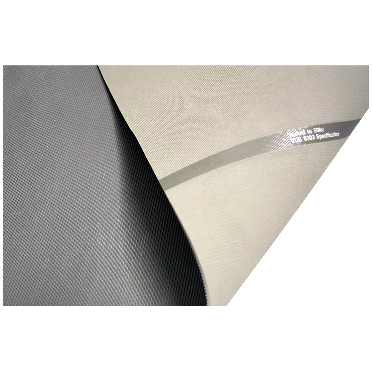 Two gray textiles overlapping, showing text and woven patterns. The background is white.