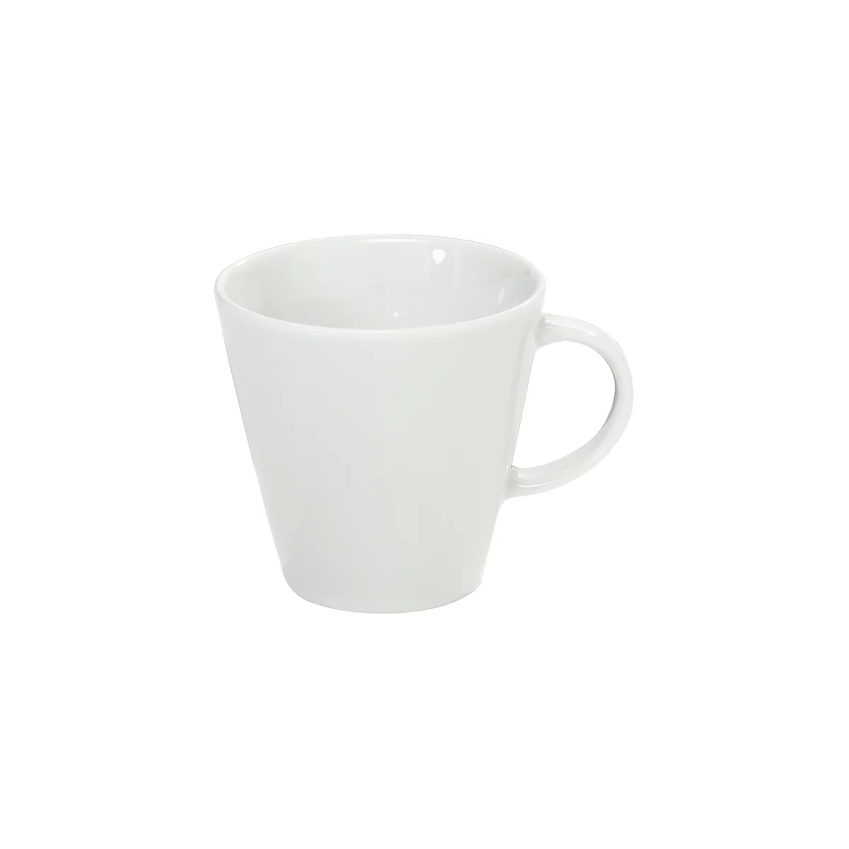 A white coffee mug with a handle, which tapers.