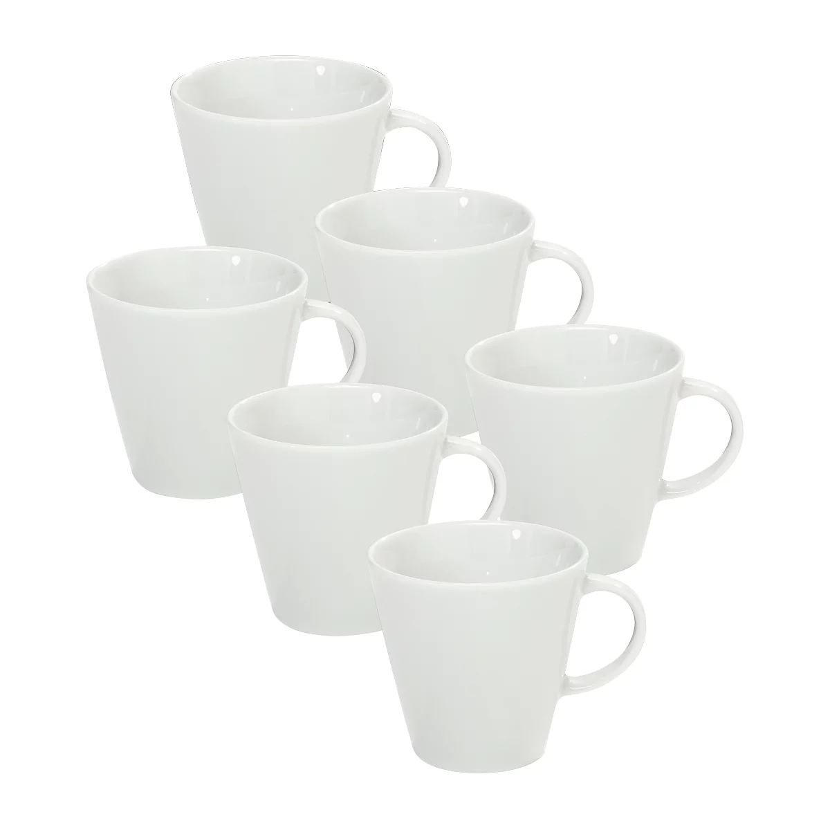 Six white mugs with handles, slightly conical in shape.