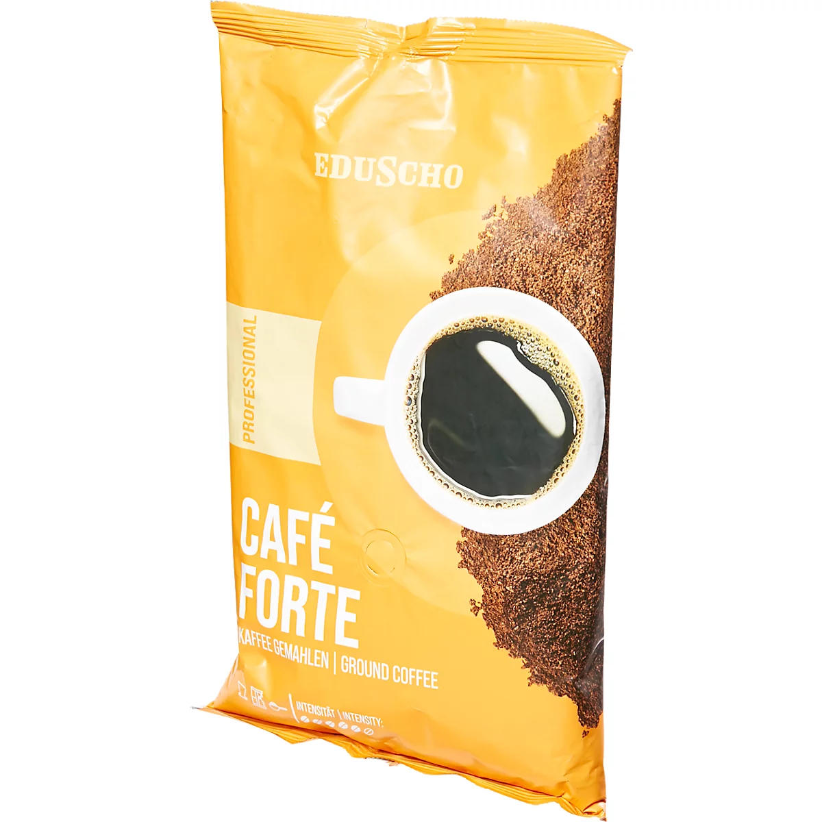 Yellow package of Cafe Forte, next to coffee powder and coffee cup illustration.