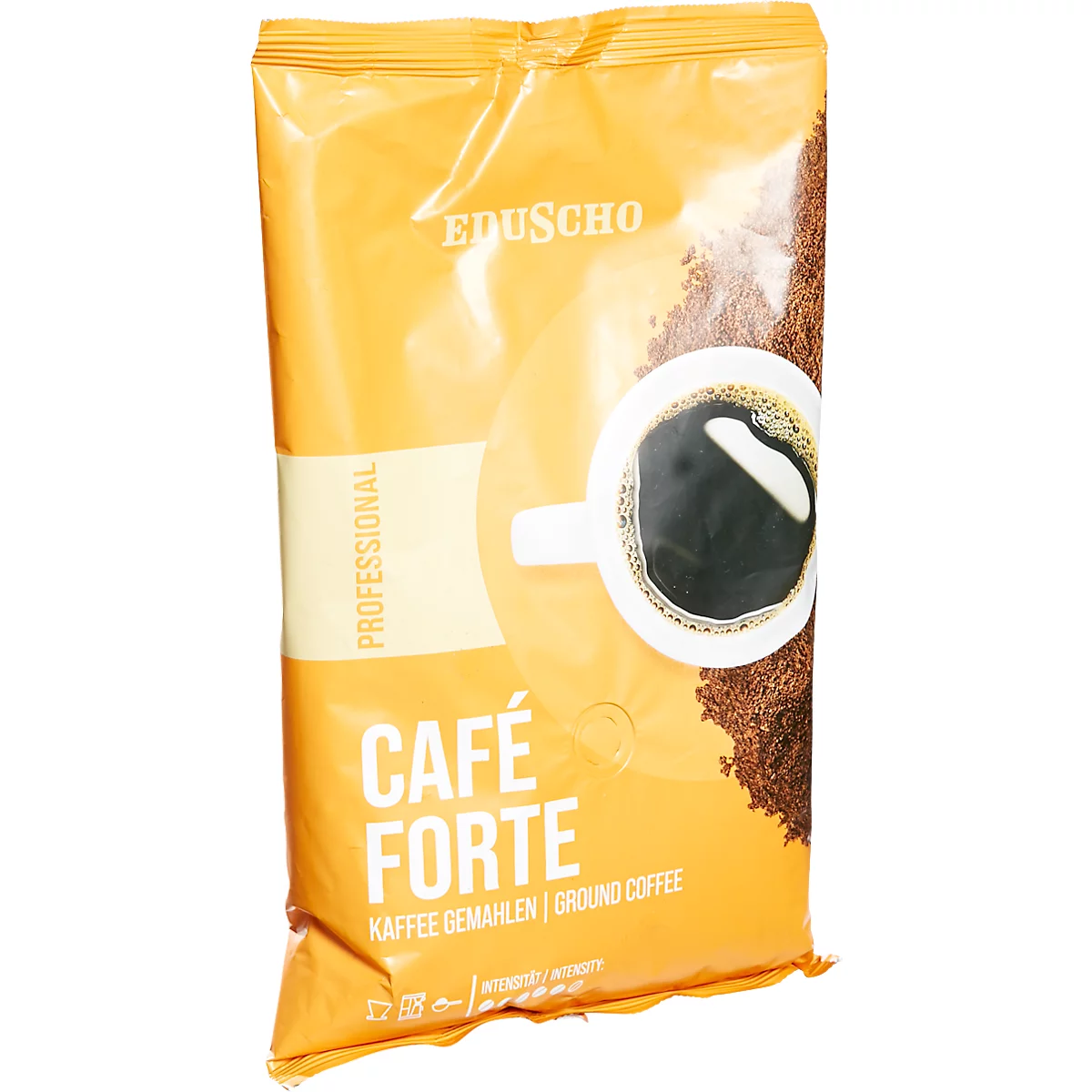 Eduscho Café Forte coffee bag with coffee bean illustration. Text: Café Forte, ground coffee.