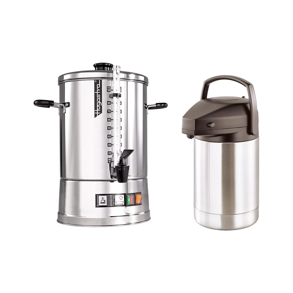 Two stainless steel coffee machines on a white background. On the left, a large brewing machine, on the right, a thermal container.