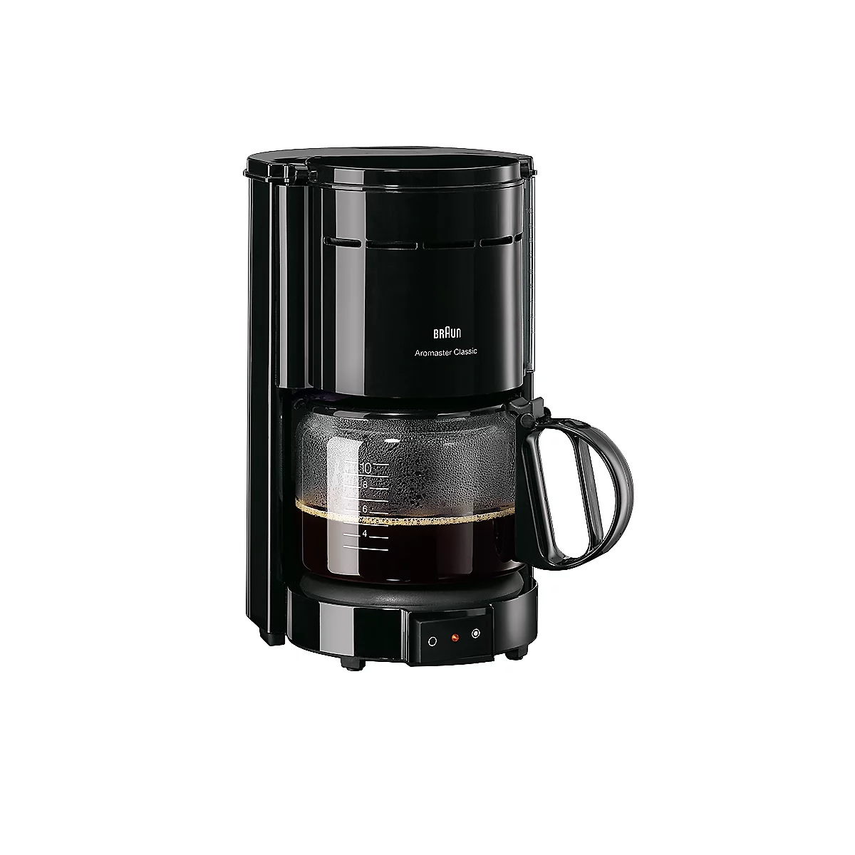 Black coffee machine filled with coffee. A measuring scale is on the pot and the words 'Braun Aromaster Classic' can be seen.