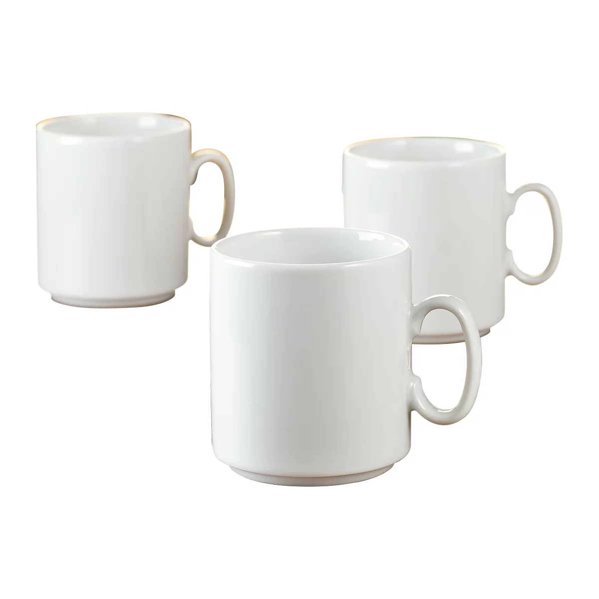 Three white coffee cups with handles, against a white background.