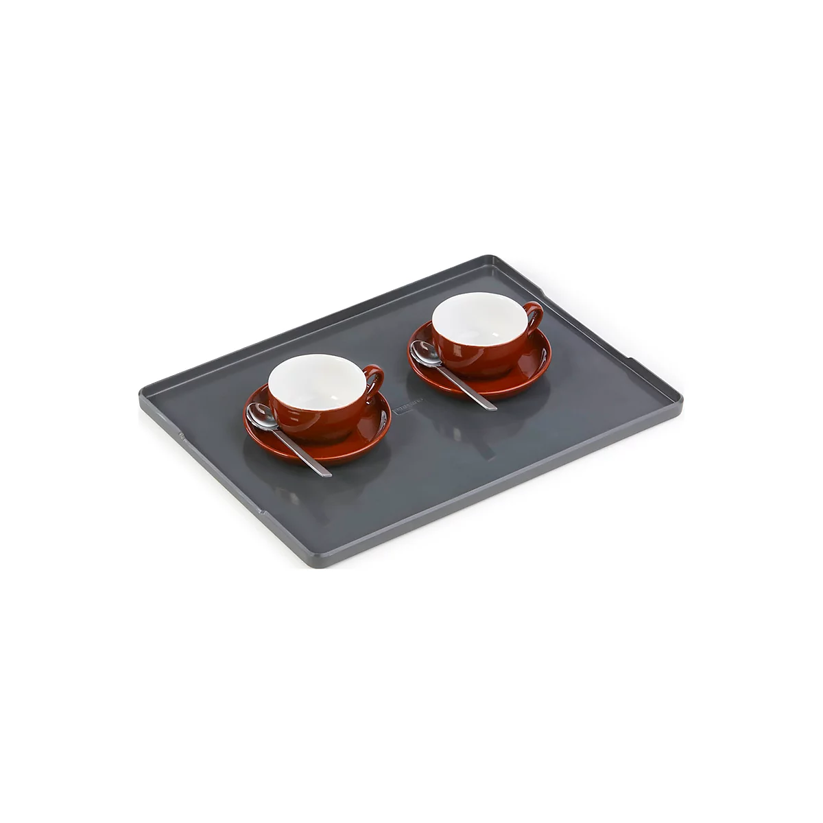 Two cups of coffee on brown saucers, with spoons, are on a grey tray.