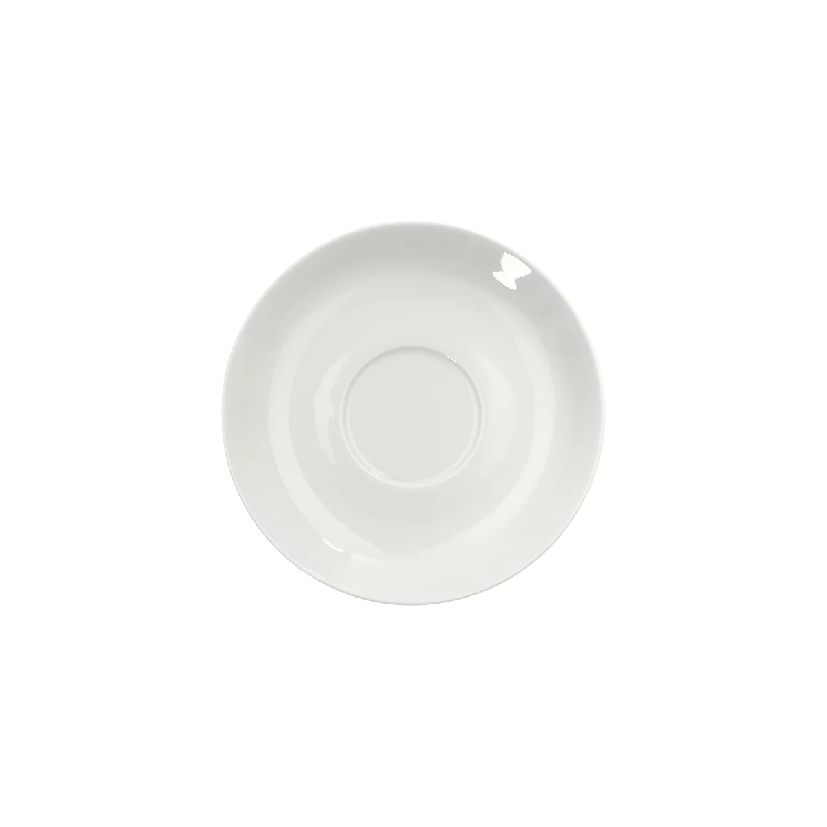 White saucer, from a bird's eye view. The edge is rounded and the center is slightly recessed.
