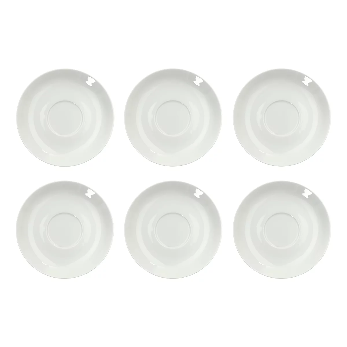Top view of six white saucers. The saucers are round with a recess in the center.