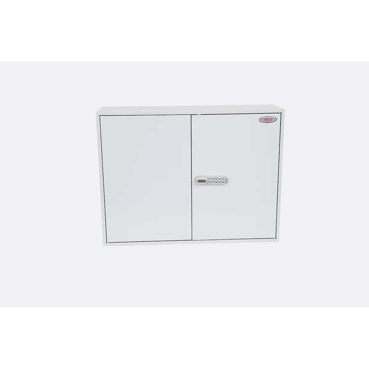 Une armoire murale rectangulaire blanche à deux portes avec une serrure à combinaison électronique.