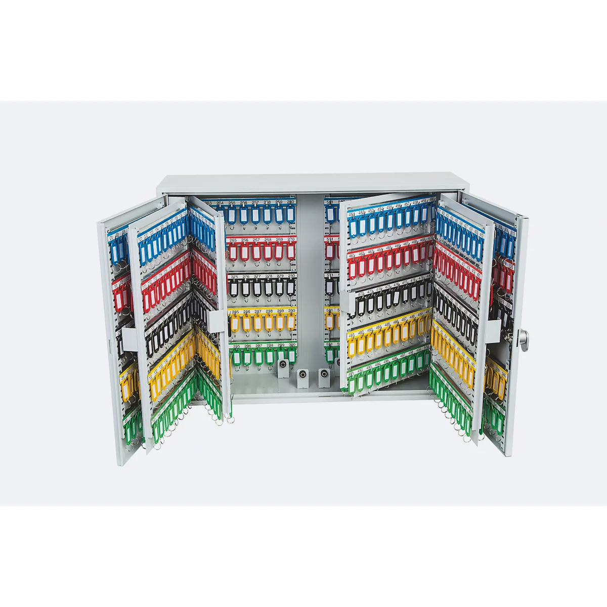 Armoire à clés grise ouverte avec de nombreux porte-clés colorés sur des panneaux pivotants.