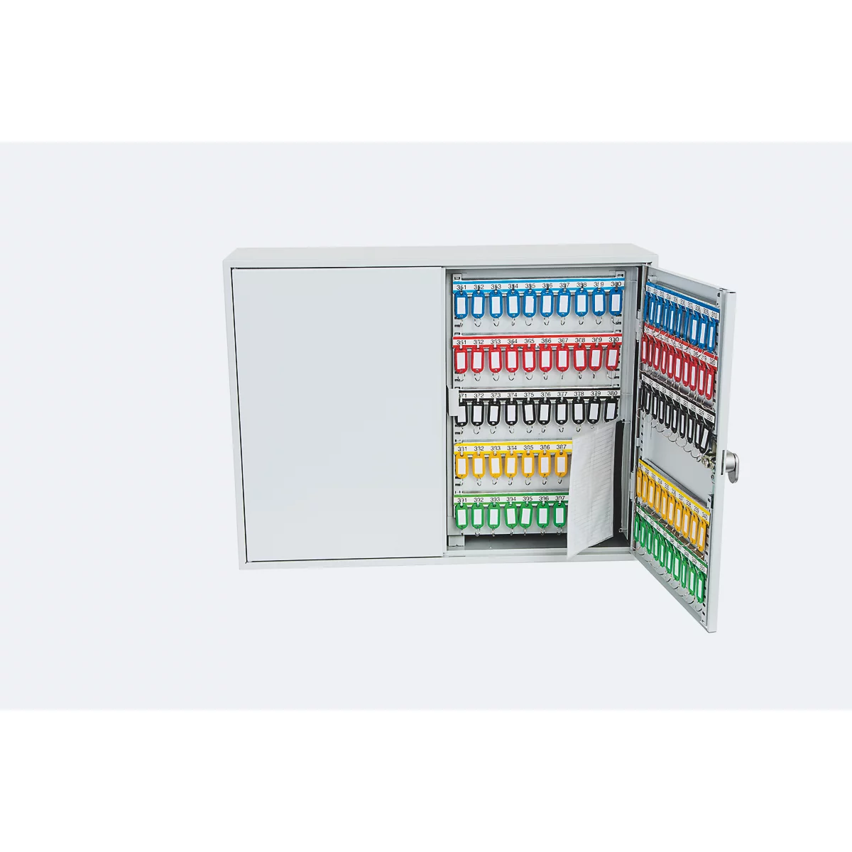 Armoire à clés gris clair ouverte, remplie de nombreux porte-clés colorés.