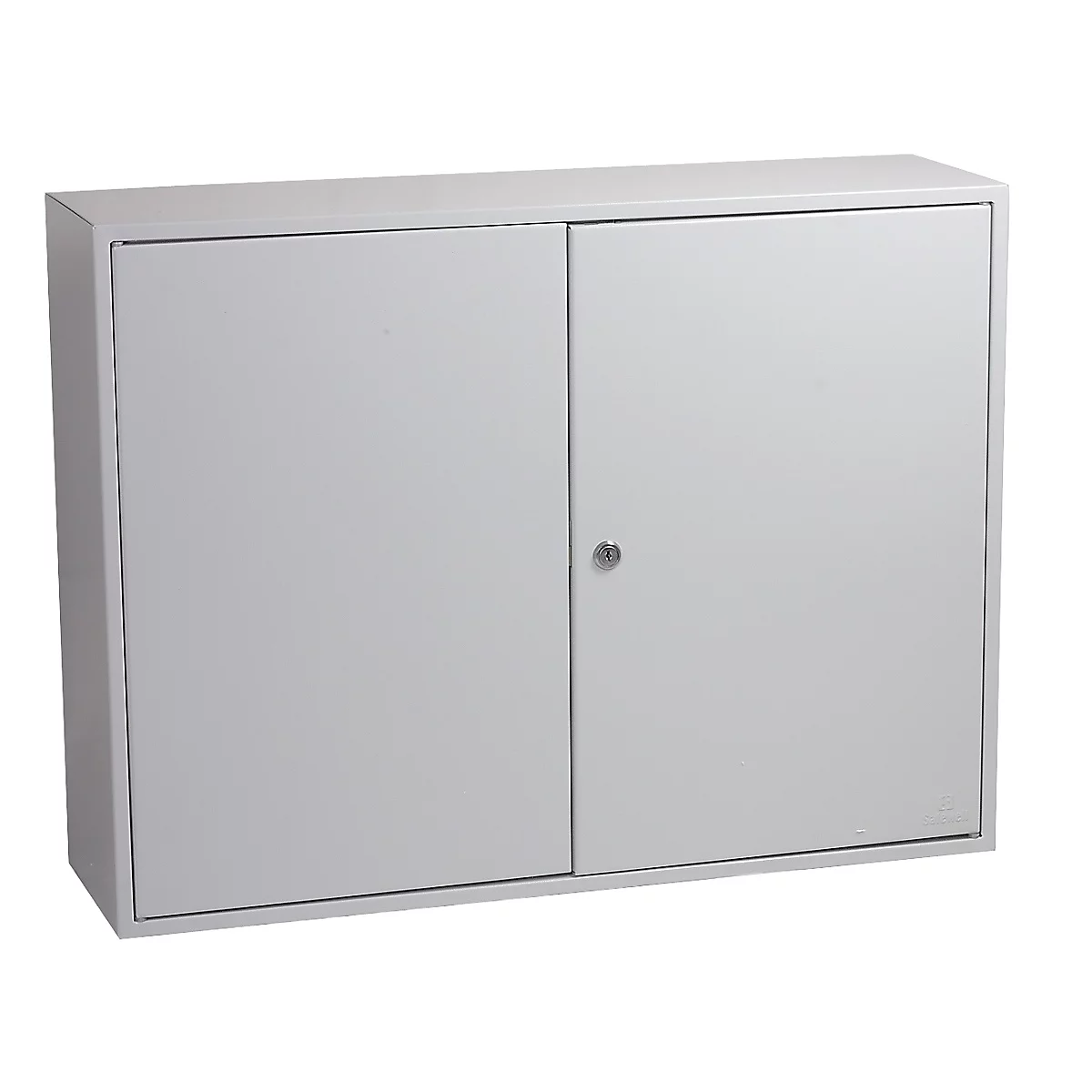 Armoire murale en métal gris avec deux portes et une serrure à clé centrale sur fond blanc.