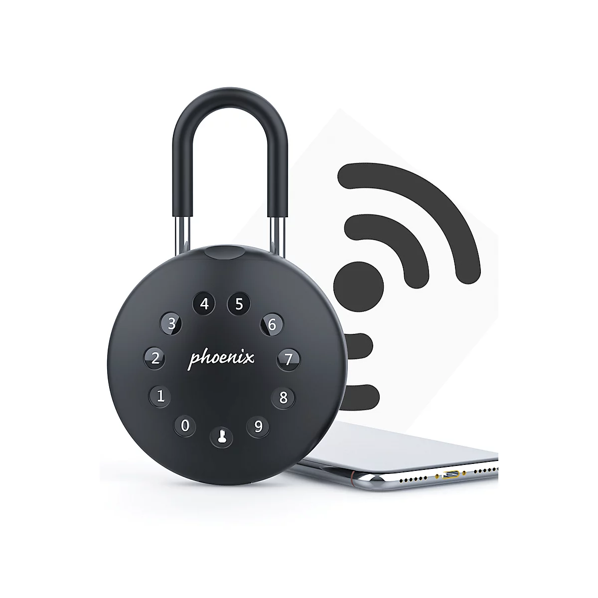 Coffre-fort à clés Phoenix Palm KS0213ES, serrure à clé motorisée, contrôle par app, Bluetooth, étanche/résistant à la poussière IP65, avec anse de serrure, noir