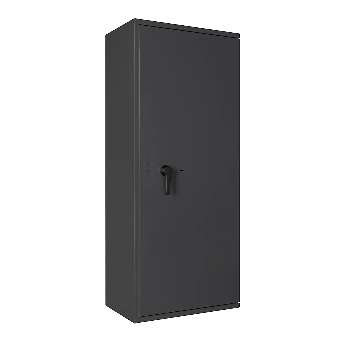 Un coffre-fort d'armes noir avec porte, serrure et pavé numérique.