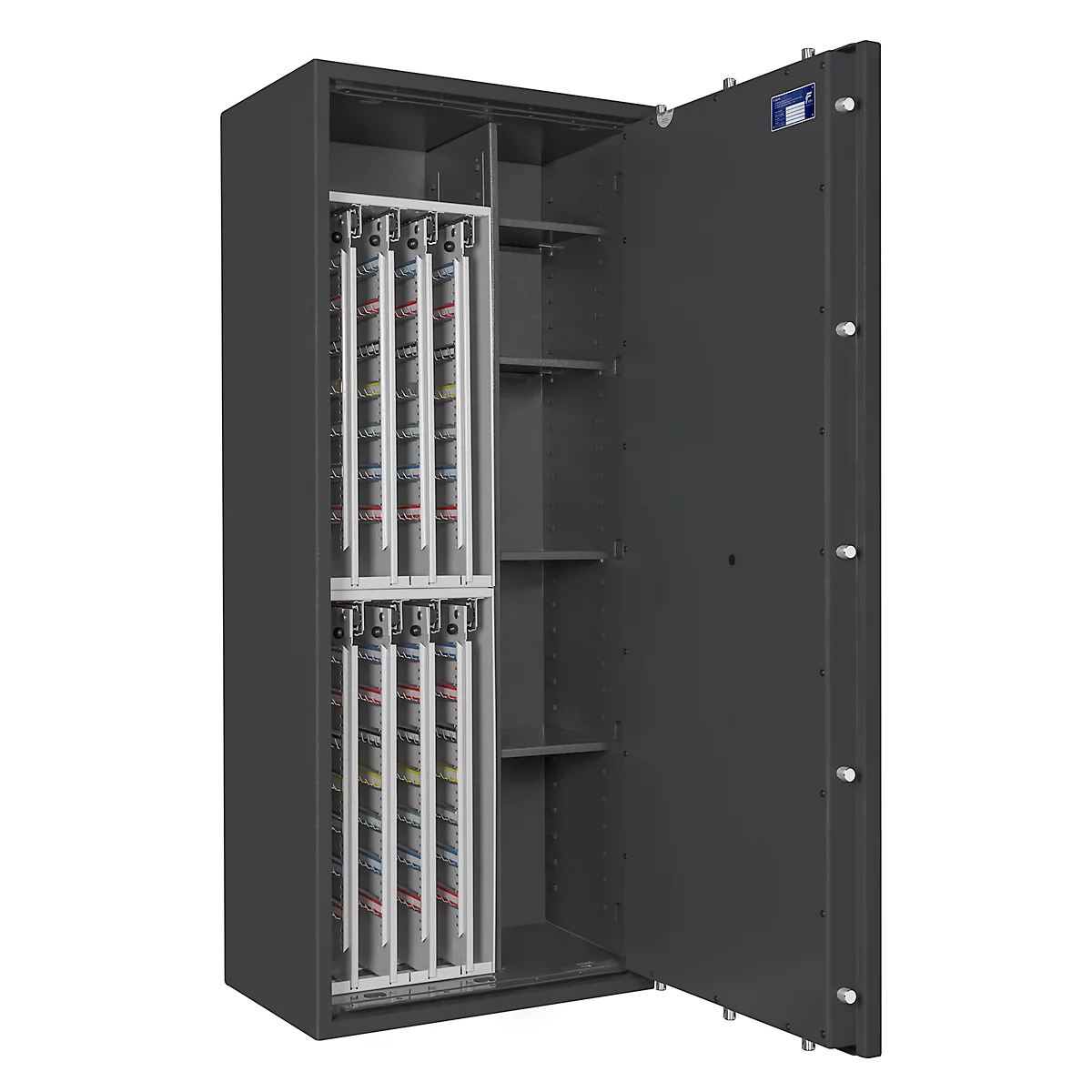 Coffre-fort noir ouvert avec plusieurs étagères. Intérieur avec compartiments pour dossiers. La porte est à moitié ouverte.
