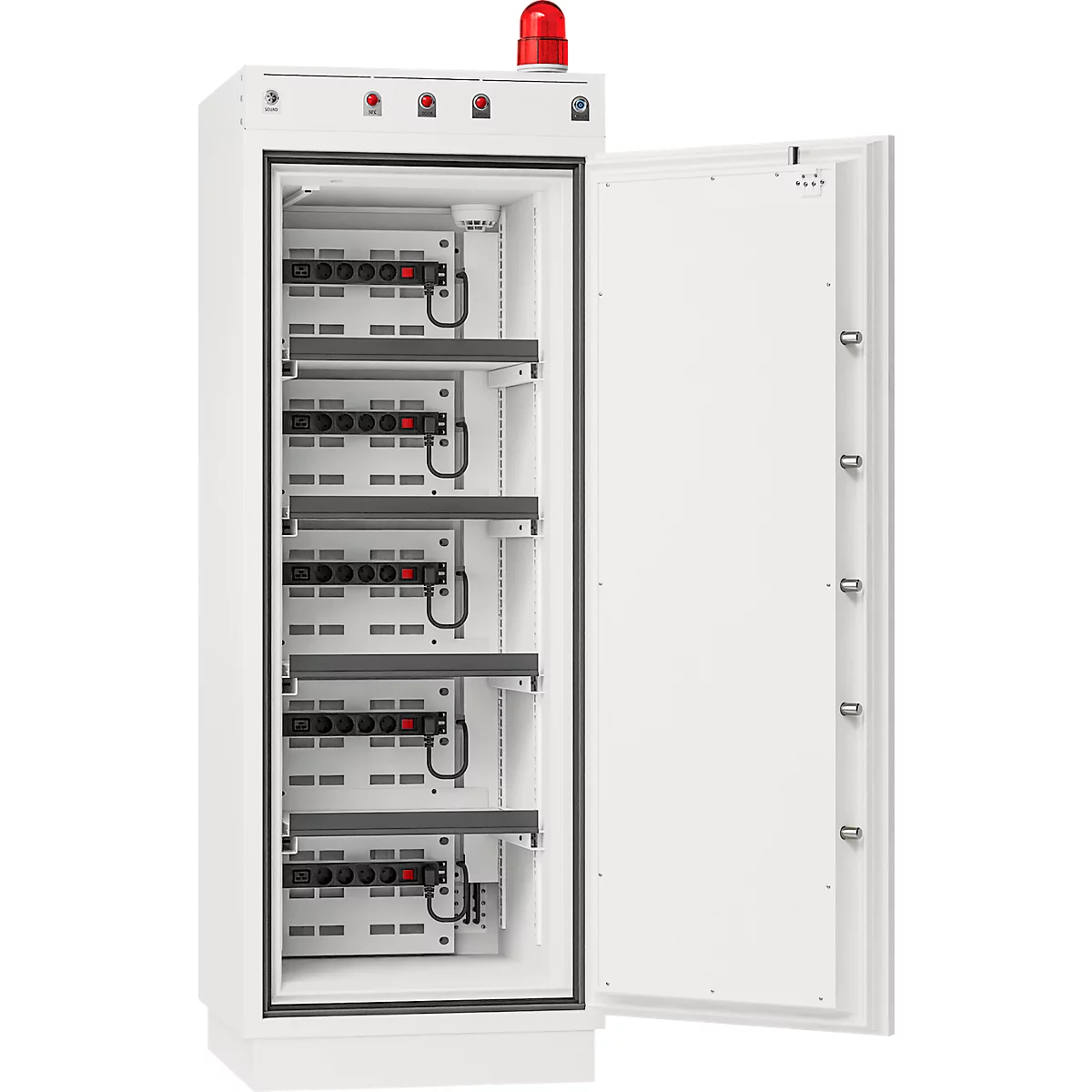 Armoire électrique blanche, ouverte, avec de nombreux appareils électroniques et une lumière rouge en haut.
