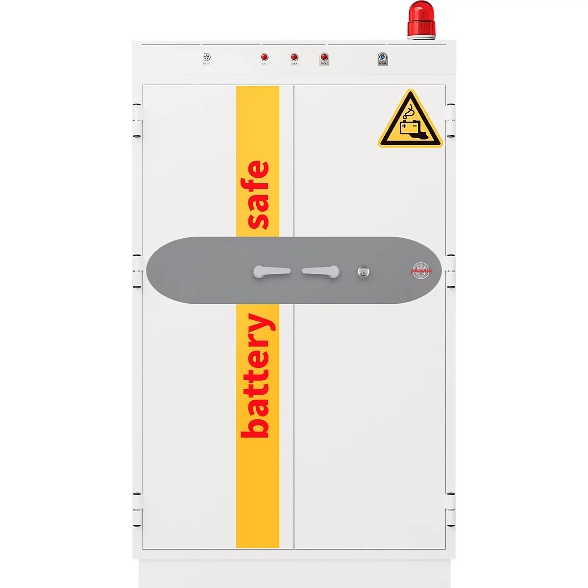 Coffre-fort à batteries blanc avec lettrage jaune-rouge, gyrophare rouge, triangle de signalisation et poignée argentée.