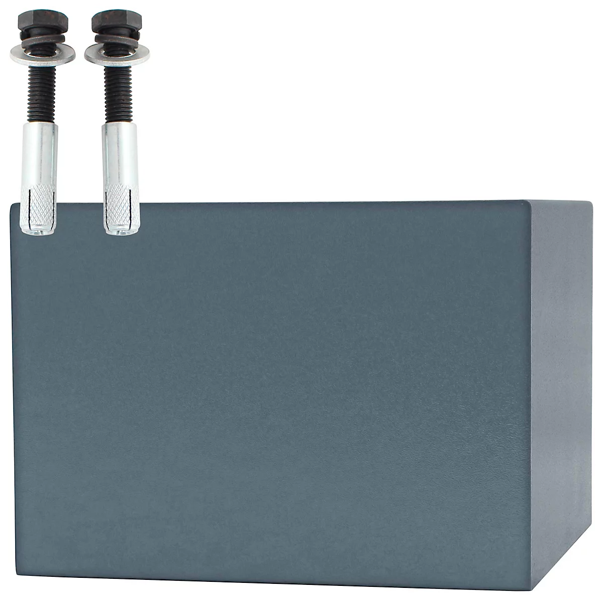 Un bloc bleu-gris avec deux vis avec écrous.