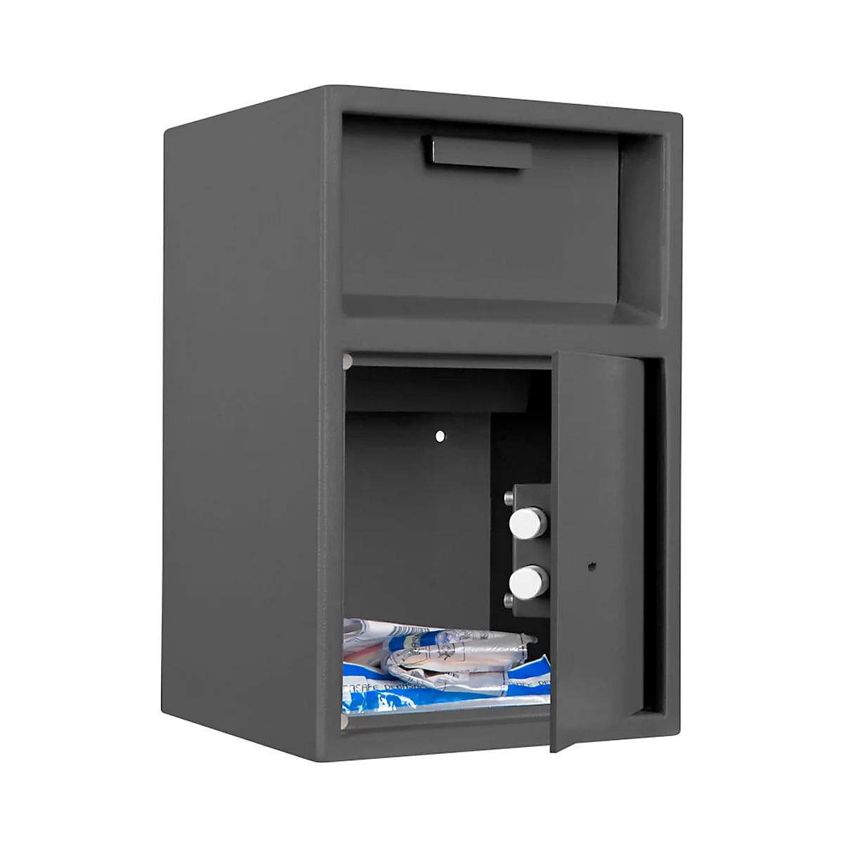 Coffre-fort gris avec porte et tiroir ouverts. Le coffre-fort contient des documents. Le fond est blanc.