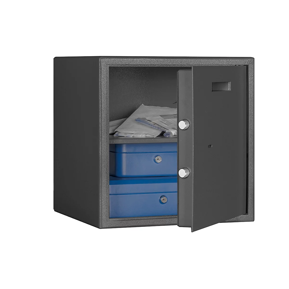 Coffre-fort F 2, volume 42 l, charnière de porte à droite, serrure à double panneton avec 2 clés, 2 étagères, matériel d'ancrage inclus, L 380 x P 350 x H 380 mm, gris graphite RAL 7024