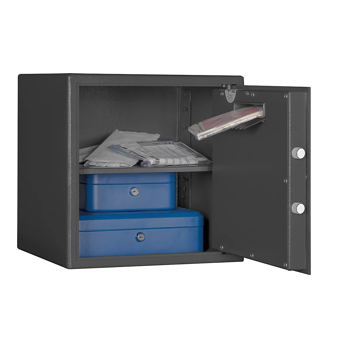 Coffre-fort F 2, volume 42 l, charnière de porte à droite, serrure à double panneton avec 2 clés, 2 étagères, matériel d'ancrage inclus, L 380 x P 350 x H 380 mm, gris graphite RAL 7024