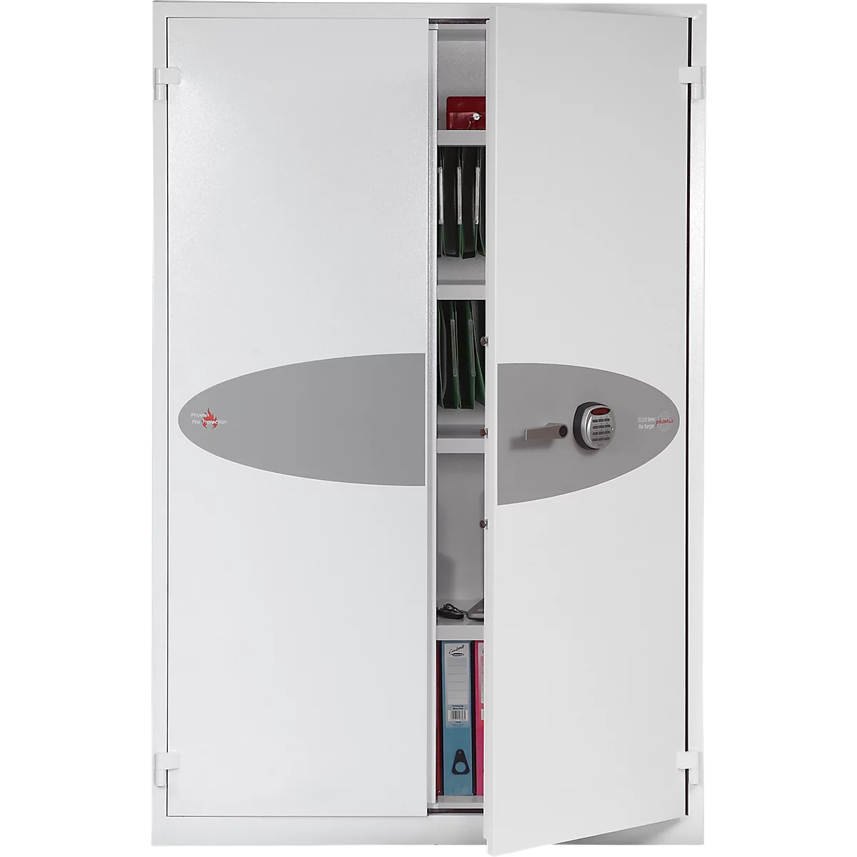 Grande armoire en acier blanc à deux portes, verrouillage par clavier numérique sur panneau ovale gris et étagères.