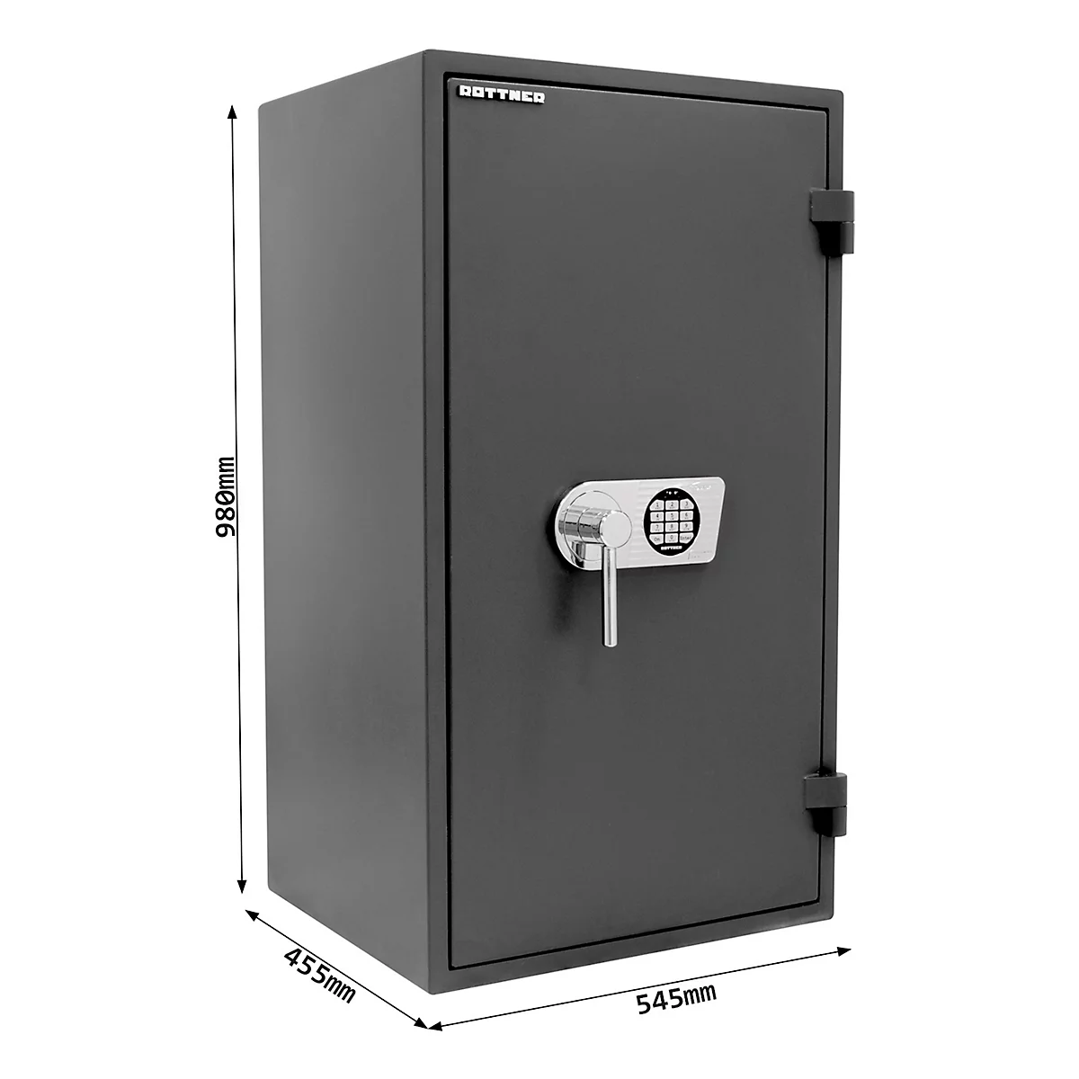 Coffre-fort gris avec serrure à combinaison, poignée de porte et dimensions.