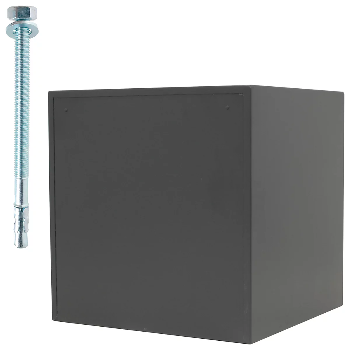 Cube gris foncé à côté d'une vis avec une rondelle. Vis et cube sont isolés.
