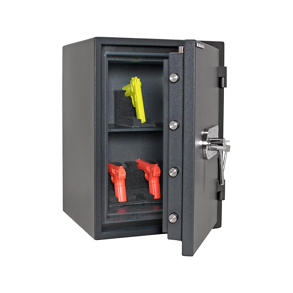 Coffre-fort pour armes ouvert avec des pistolets jouets jaunes et rouges. Une poignée et des charnières de porte sont visibles.